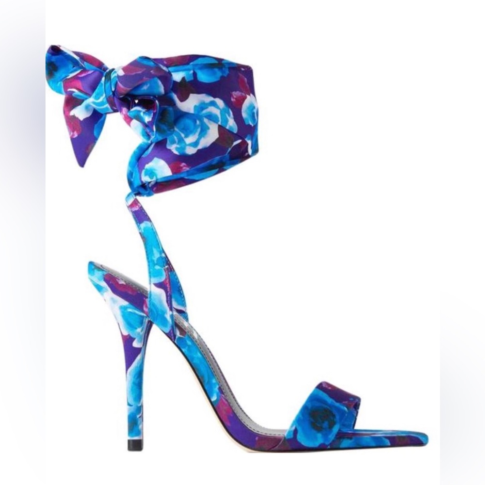 NEW Zara Floral Printed Ankle Wrap Heeled Sandals in Blue Multi